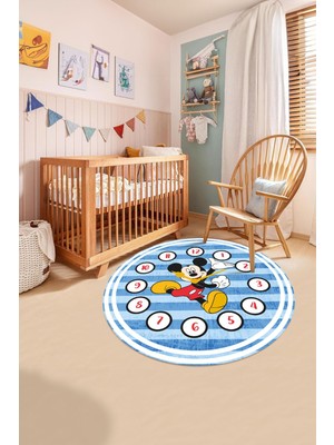 Napoli Home Baskılı Fare Figürlü Model Yıkanabilir Kaymaz Taban Yuvarlak Çocuk Odası Halısı, Çocuk-Y-77-Turkuaz,