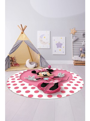 Napoli Home Baskılı Kalpli Fare Desenli Yıkanabilir Kaymaz Yuvarlak Çocuk Odası Halısı, Çocuk-Y-81-Pembe,