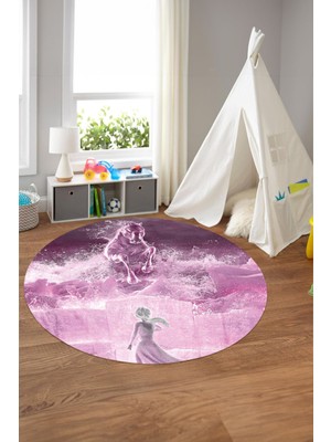 Napoli Home Baskılı Çizgi Film At Figürlü Yıkanabilir Kaymaz  Yuvarlak Çocuk Odası Halısı, Çocuk-Y-67-Mor,