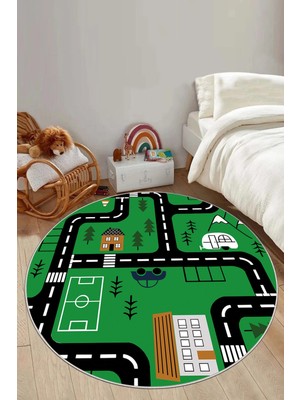 Napoli Home Baskılı Araba Yol Desenli Yıkanabilir Kaymaz Taban Yuvarlak Çocuk Odası Halısı, Çocuk-Y-56-Yeşil,
