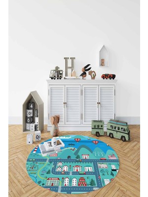 Napoli Home Baskılı Trafik Yol Desenli Yıkanabilir Kaymaz Taban Yuvarlak Çocuk Odası Halısı, Çocuk-Y-88-Turkuaz,