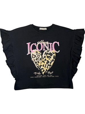 Little Star Kız Çocuk Leopar Kalp Taş Detaylı Tshirt