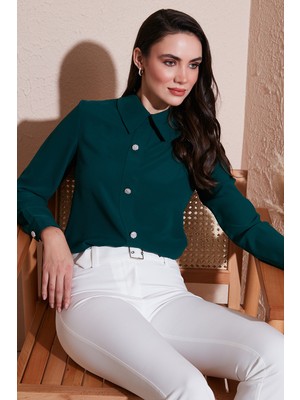 Lela Taşlı Regular Fit Gömlek Yaka Fermuarlı Bluz Bayan Bluz 611BZ0493