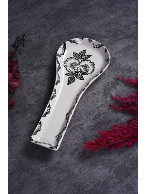 Piatti Naturali Seramik Black Rose Desen Kirli Kaşıklık Tezgah Üstü Kepçe Kaşık Altlığı