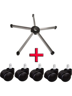 Türksit Ofis Koltuğu Yedek Parça Çekme Metalik Gri Boyalı Ayak 70'lik+5'li Tekerlek Seti