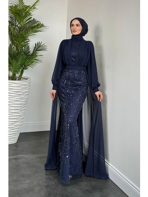 Stella Boncuk Işlemeli Pelerinli Abiye Lacivert