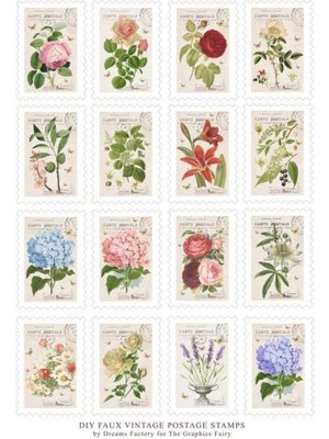 Nostaljik - Vintage Pul Tasarımlı 16'lı Çiçek Sticker Seti