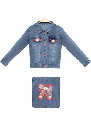 Renkli Diyar Arkası Fiyonk Detaylı Kız Çocuk Kot Ceket Kreş Anaokul Ilkokul