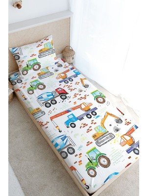 Tuğba Kuğu Tek Kişilik Lastikli Çarşaf Seti - Iconic Serisi - Renkli Iş Makinaları