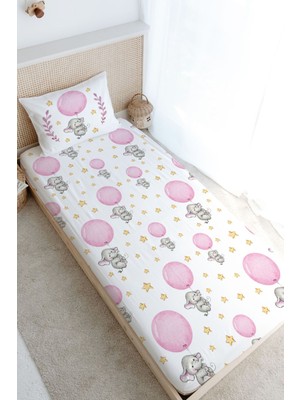 Tuğba Kuğu Tek Kişilik Lastikli Çarşaf Seti - For Baby Serisi - Pembe Büyük Balonlu Fil