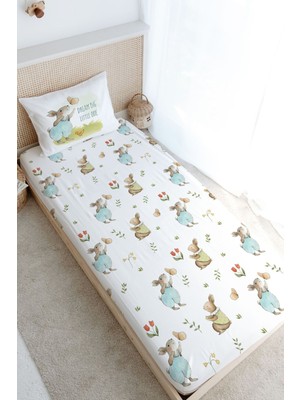 Tuğba Kuğu Tek Kişilik Lastikli Çarşaf Seti - Pure Baby Serisi - Kelebekle Oynayan Tavşan