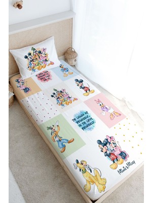 Tuğba Kuğu Tek Kişilik Lastikli Çarşaf Seti - Cartoon Serisi - Mickey ve Arkadaşları Patchwork