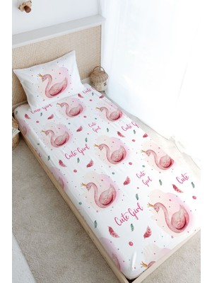Tuğba Kuğu Tek Kişilik Lastikli Çarşaf Seti - For Baby Serisi - Pembe Zeminli Kuğu
