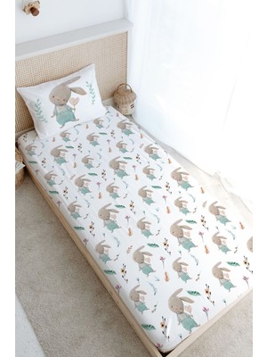 Tuğba Kuğu Tek Kişilik Lastikli Çarşaf Seti - For Baby Serisi - Salopetli Tavşan