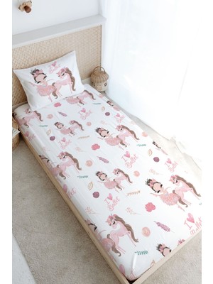 Tuğba Kuğu Tek Kişilik Lastikli Çarşaf Seti - For Baby Serisi - Pembe Tütülü Balerin ve Unicorn