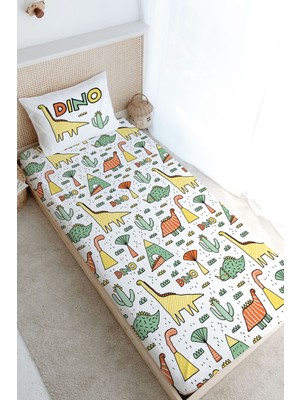 Tuğba Kuğu Tek Kişilik Lastikli Çarşaf Seti - Pure Baby Serisi - Dino ve Kaktüsler