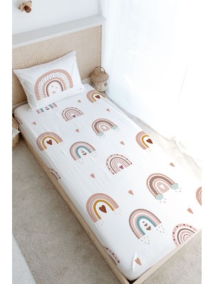 Tuğba Kuğu Tek Kişilik Lastikli Çarşaf Seti - Iconic Serisi - Somon Yıldızlı Gökkuşağı