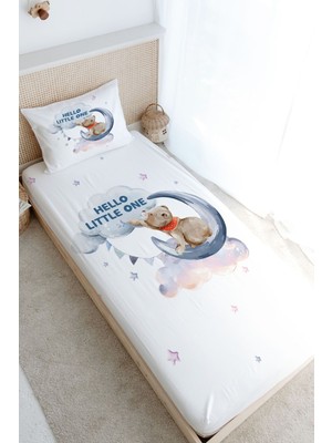 Tuğba Kuğu Tek Kişilik Lastikli Çarşaf Seti - Pure Baby Serisi - Aya Uzanan Ayı