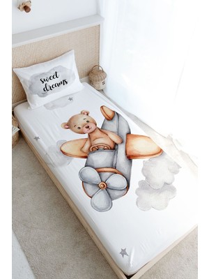 Tuğba Kuğu Tek Kişilik Lastikli Çarşaf Seti - Pure Baby Serisi - Uçan Ayı