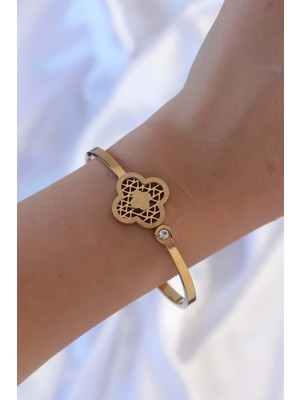 Lisinya 316L Çelik Altın Renk Zirkon Taşlı Simli Yonca Kelepçe