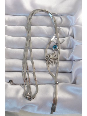 Lisinya 316L Çelik Gümüş Renk Zirkon Taşlı Göz Detay Nazarlı Uzun Asansör Model Kolye