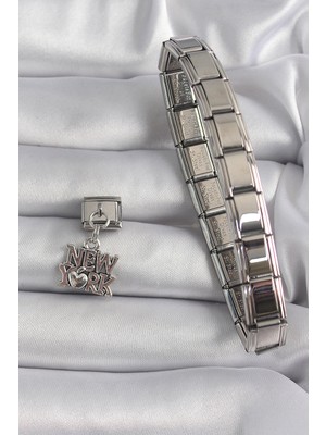 Lisinya 316L Çelik Gümüş Renk Sallantı New York Yazı Model Nomination Charm