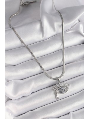 Lisinya 316L Çelik Gümüş Renk İtalyan Zincir Zirkon Taşlı Göz Model Kadın Kolye