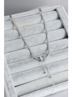 Lisinya 316L Çelik Gümüş Renk İtalyan Zincir Model Simli Kelebek Figür Kadın Kolye