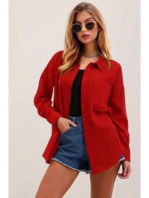 Kadın Kırmızı Tek Cepli Oversize Keten Ayrobin Gömlek HZL24S-BD1201531