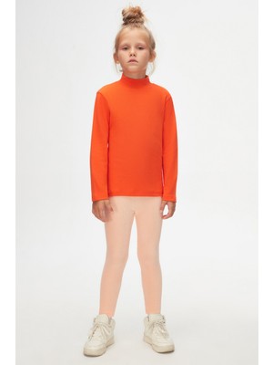Turuncu Basic Kışlık Yarım Balıkçı Yaka Uzun Kollu Kız Çocuk Tişört