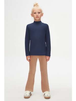Açık Lacivert Basic Kışlık Yarım Balıkçı Yaka Uzun Kollu Kız Çocuk Tişört