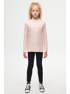 Pudra Pembe Basic Kışlık Yarım Balıkçı Yaka Uzun Kollu Kız Çocuk Tişört