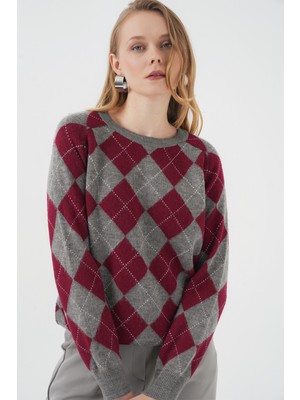 15918 Baklava Desen Triko Kazak - Gri