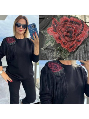 Tasarım Omuzu Motifli ve Taşlı Püskül Detaylı Sweatshirt