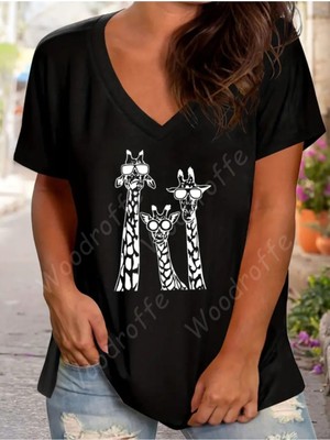 Woodroffe Kadın V Yaka Siyah Hayvan Dostu Baskılı T-Shirt Salaş Rahat Kesim Boyfirend