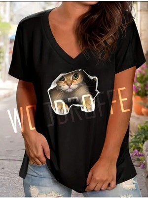 Woodroffe Kadın V Yaka Siyah Baskılı T-Shirt Salaş Rahat Kesim Boyfirend