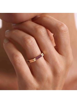 Bayar Gold 14 Ayar Altın Kırmızı Taşlı Çift Sıra Yüzük