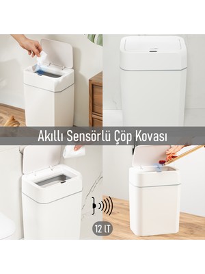 Porsima 4147 Hareket Sensörlü Sessiz Kapatma Çöp Kutusu Banyo Mutfak Pilli Çöp Kovası Kapaklı Banyo Çöp Kovası 12 Litre