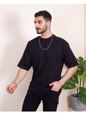 Franco Renzo Erkek Oversize Fit  Organik Pamuk Kalın Dokulu Bisiklet Yakalı Siyah T-Shirt