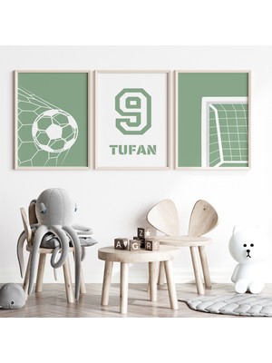 Çocuk Kalbi Atölyesi Futbolsever Renkli Erkek Bebek ve Çocuk Odası 3'lü Tablo Isim Seti, Çocuk Odası Tablosu