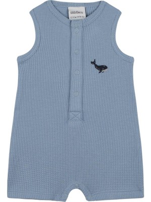 Antebies Organik Mavi Waffle Balina Nakışlı Çıtçıtlı Kolsuz Şortlu Erkek Bebek Tulum
