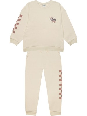 Antebies Organik Krem Roket Baskılı Beli Lastikli Bağcıklı Cepli Uzun Kollu Erkek Çocuk Sweatshirt Eşofman Takımı