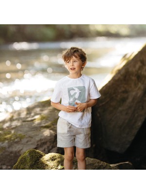 Antebies Organik Beyaz Kuş Baskılı Kısa Kollu Erkek Çocuk Tshirt