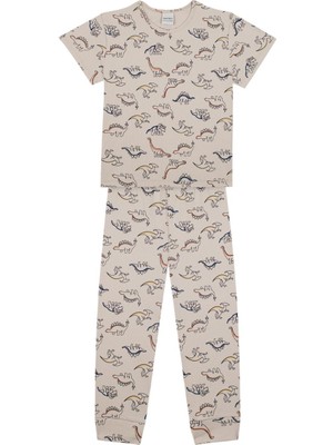 Antebies Organik Bej Dinazor Desenli Beli Lastikli Kısa Kollu Erkek Çocuk Pijama Takımı
