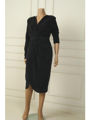 Kadın Ruvaze Yaka Beli Kemerli Astarlı Taşlı Büyük Beden Midi Elbise