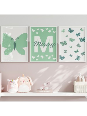 Çocuk Kalbi Atölyesi Minik Kelebekli Kız Bebek ve Çocuk Odası 3'lü Tablo Isim Seti, Çocuk Odası Tablosu
