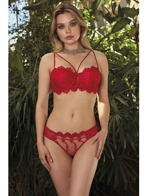 Nurteks 4591 Kadın Dantelli Destekli Starples Sütyen Külot Takım-Kırmızı