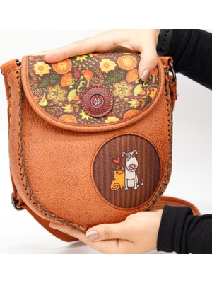 Hoodie Mouse Kedi ve Köpek Çapraz Örgülü Kol Çantası Etnik Bohem Style - Taba