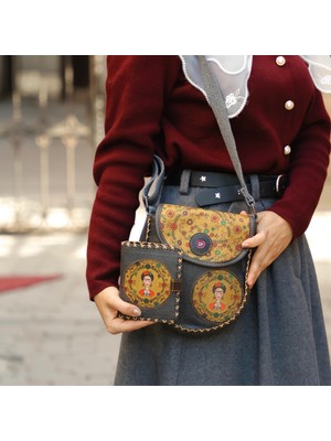 Hoodie Mouse Frida Figürlü Tasarımlı Capraz Örgulu Kol Cantası Antrasit ve Cuzdan Antrasit Kombin