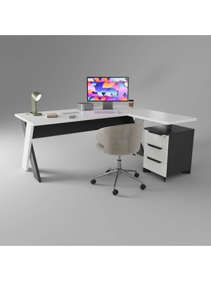 Çağın Ofis Mobilyaları Omix Kesonlu L Çalışma Masası 140  cm  (Lake Beyaz/antrasit)
